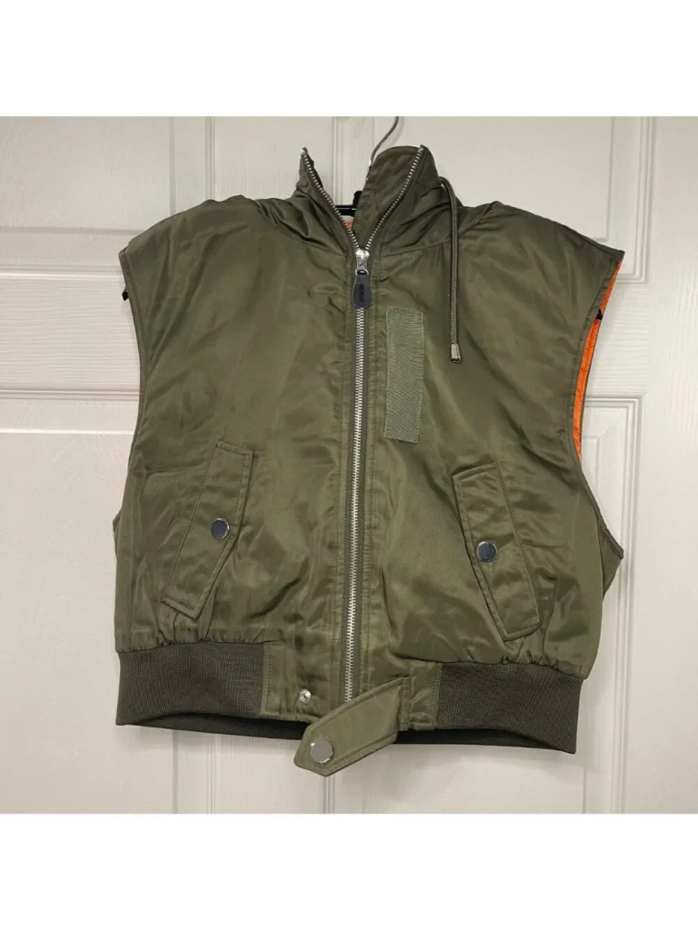 Zara Cropped Hooded Vest Womens Size Large Green Full Zip High Neck Snap Pockets